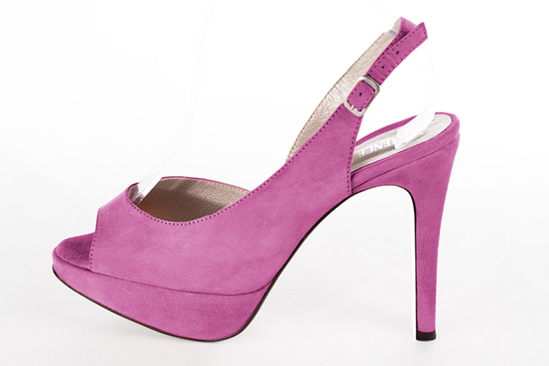 Shocking pink women's slingback sandals. Round toe. Very high slim heel with a platform at the front. Profile view - Florence KOOIJMAN